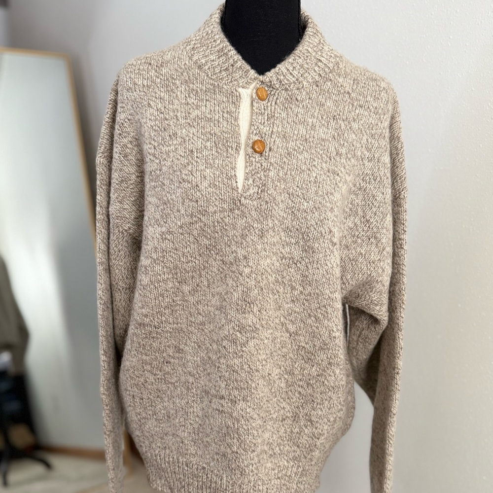 Vintage 80s J.J. Cochran Wool Henley Sweater Oatmeal Chunky Knit L - Picture 6 of 11